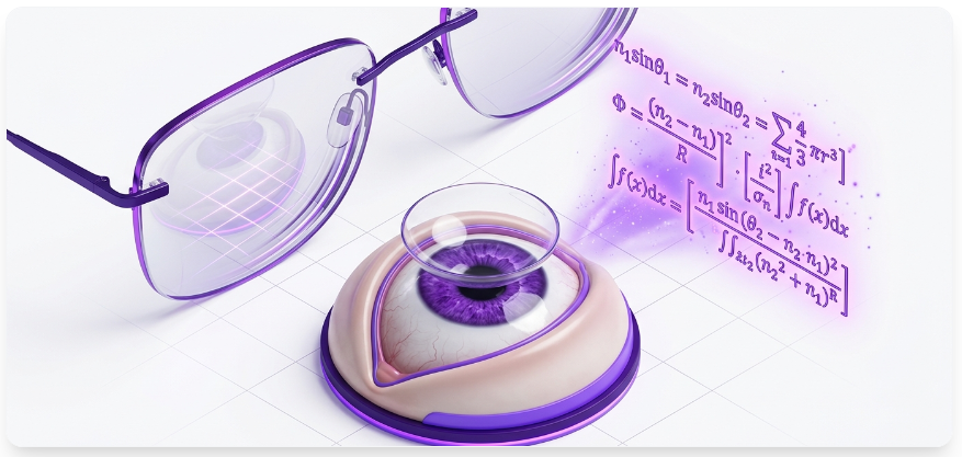 3D infographic showing the vertex distance concept between spectacle lenses and the eye