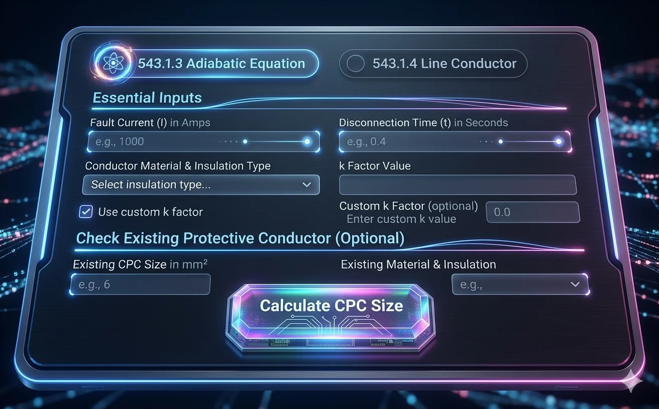 Adiabatic Equation Calculator | BS 7671 CPC Sizing (UK)